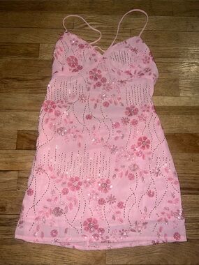 Womens Sparkling Pink Sequin Floral Slip Dress